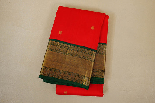 folded Bright Red with Bottle Green Borders Vintage Kanjivaram Silk Saree