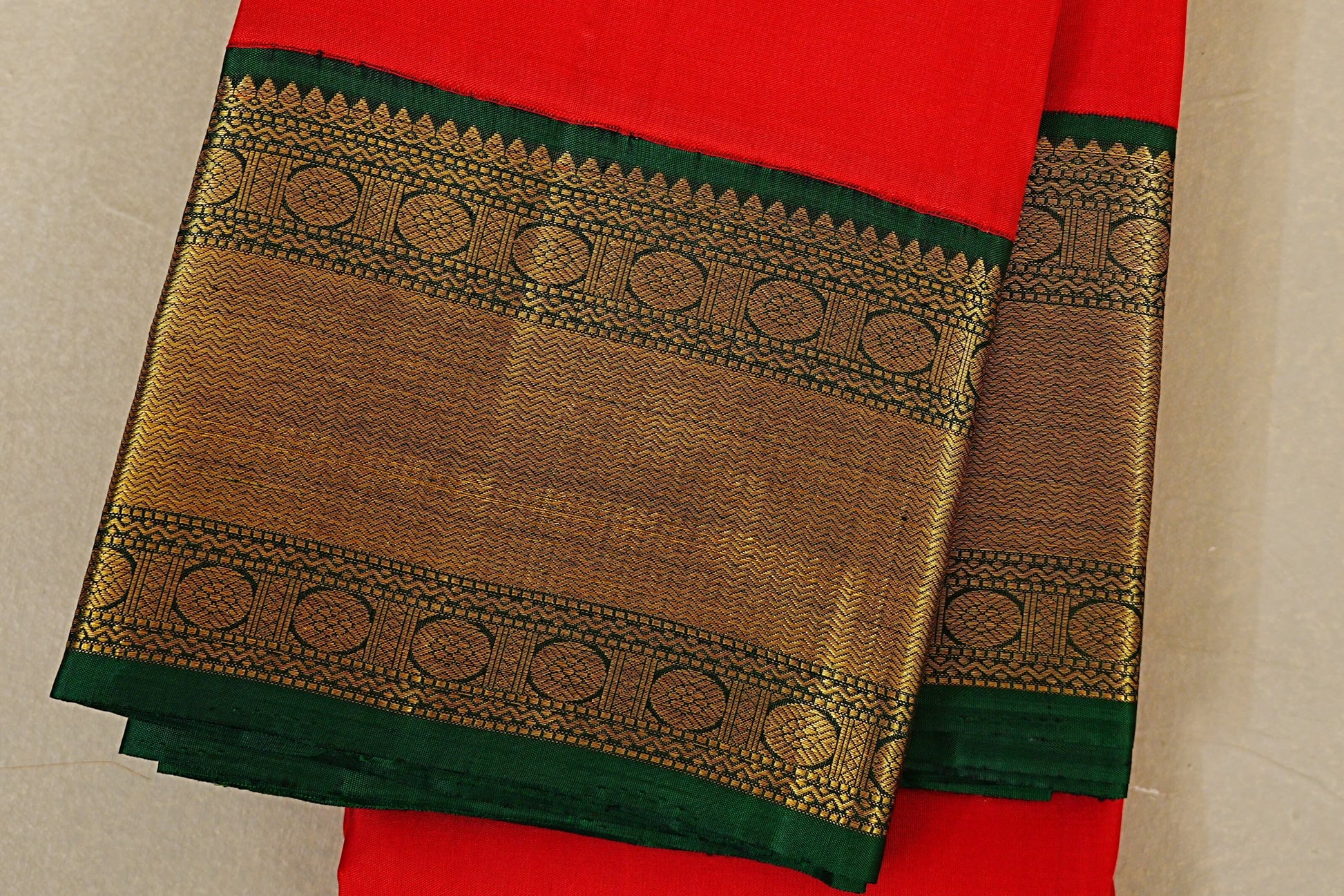 Bright Red Vintage Kanjivaram Silk Saree border zoom