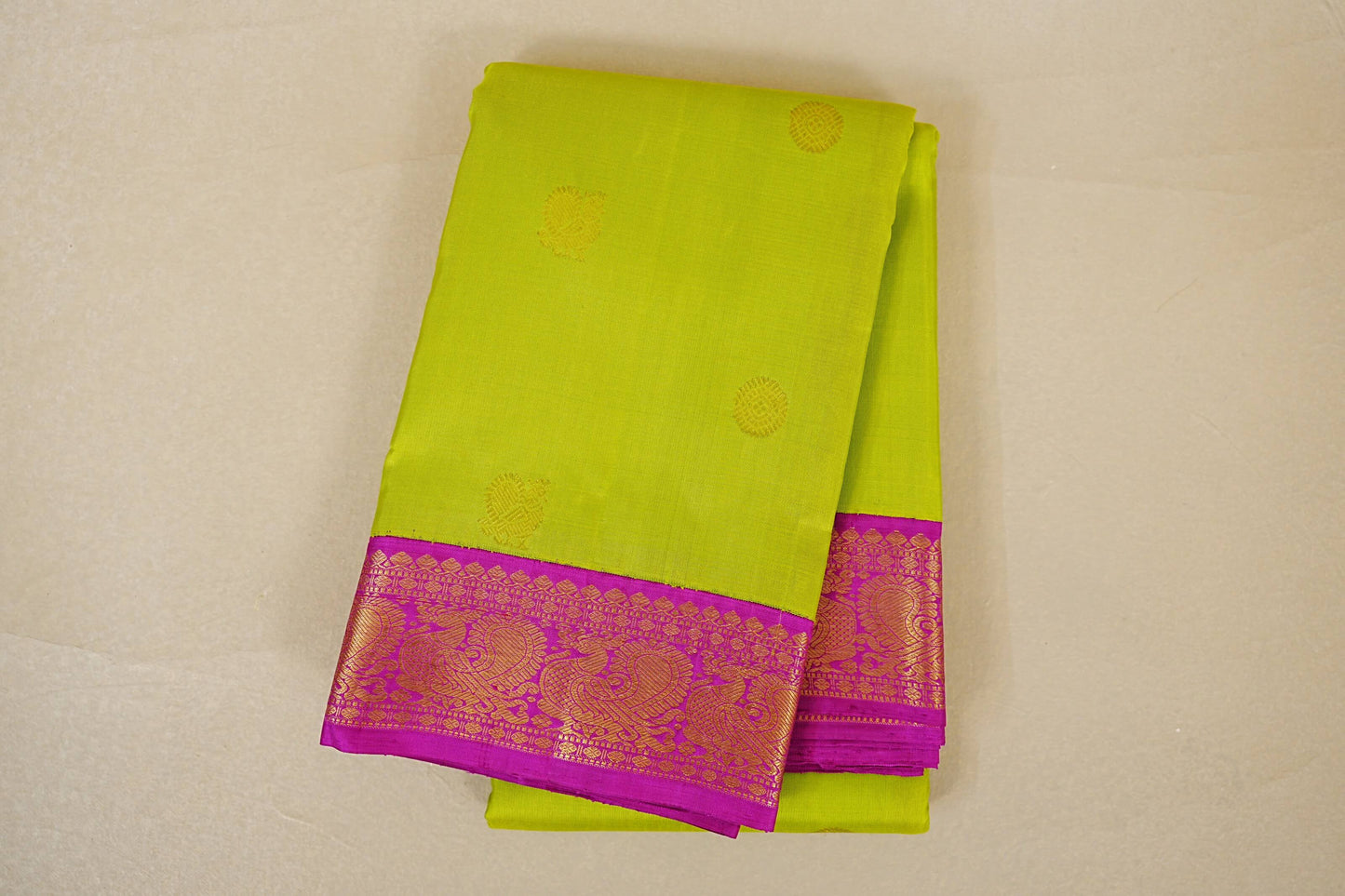 folded Bright Parrot Green Vintage Kanjivaram Silk Saree 