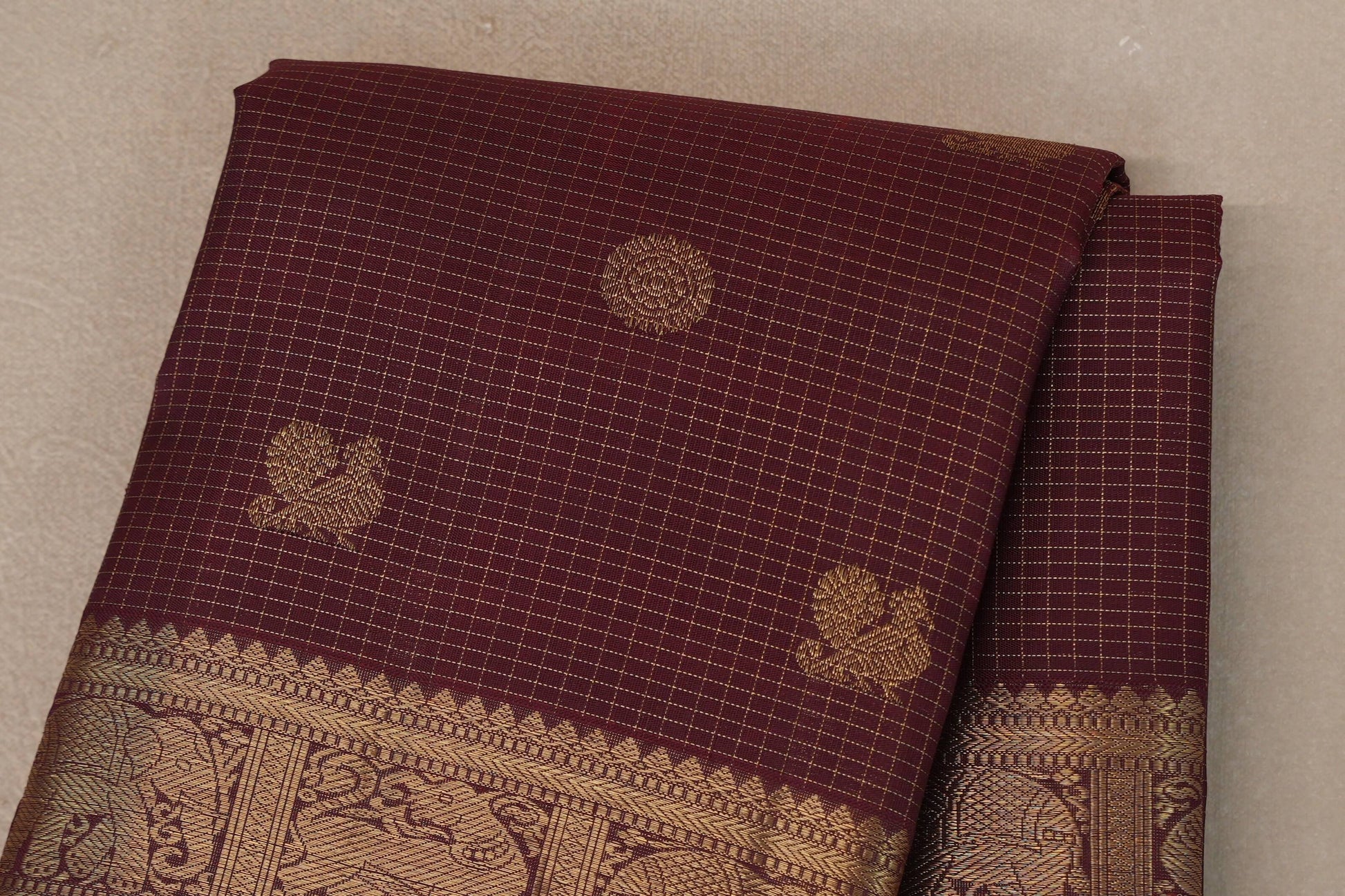 Deep Maroon with Small Zari Checks Vintage Heirloom Kanjivaram Silk Saree body