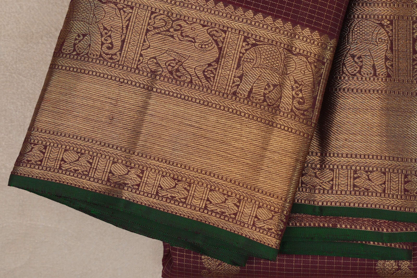 Deep Maroon with Small Zari Checks Vintage Heirloom Kanjivaram Silk Saree border