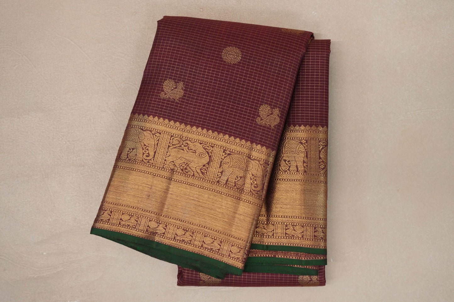 Deep Maroon with Small Zari Checks Vintage Heirloom Kanjivaram Silk Saree