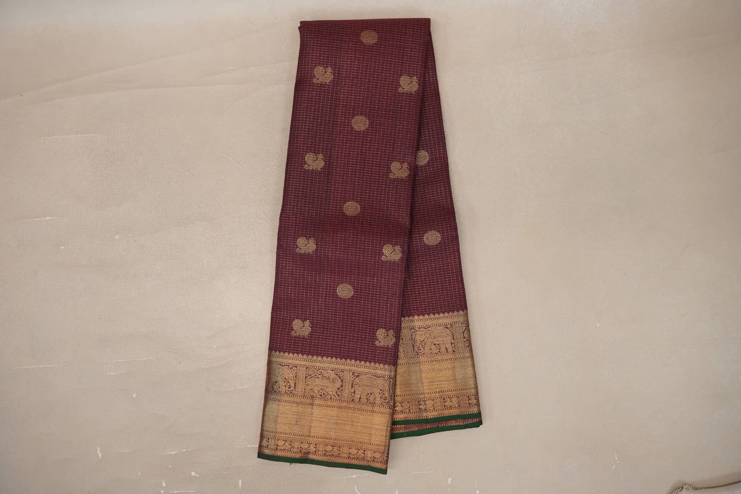 Online Deep Maroon with Small Zari Checks Vintage Heirloom Kanjivaram Silk Saree
