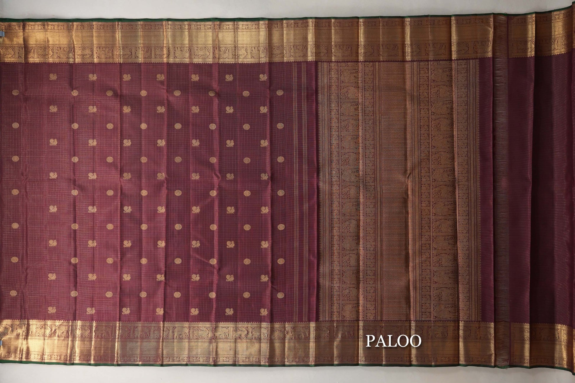 Deep Maroon with Small Zari Checks Vintage Heirloom Kanjivaram Silk Saree paloo