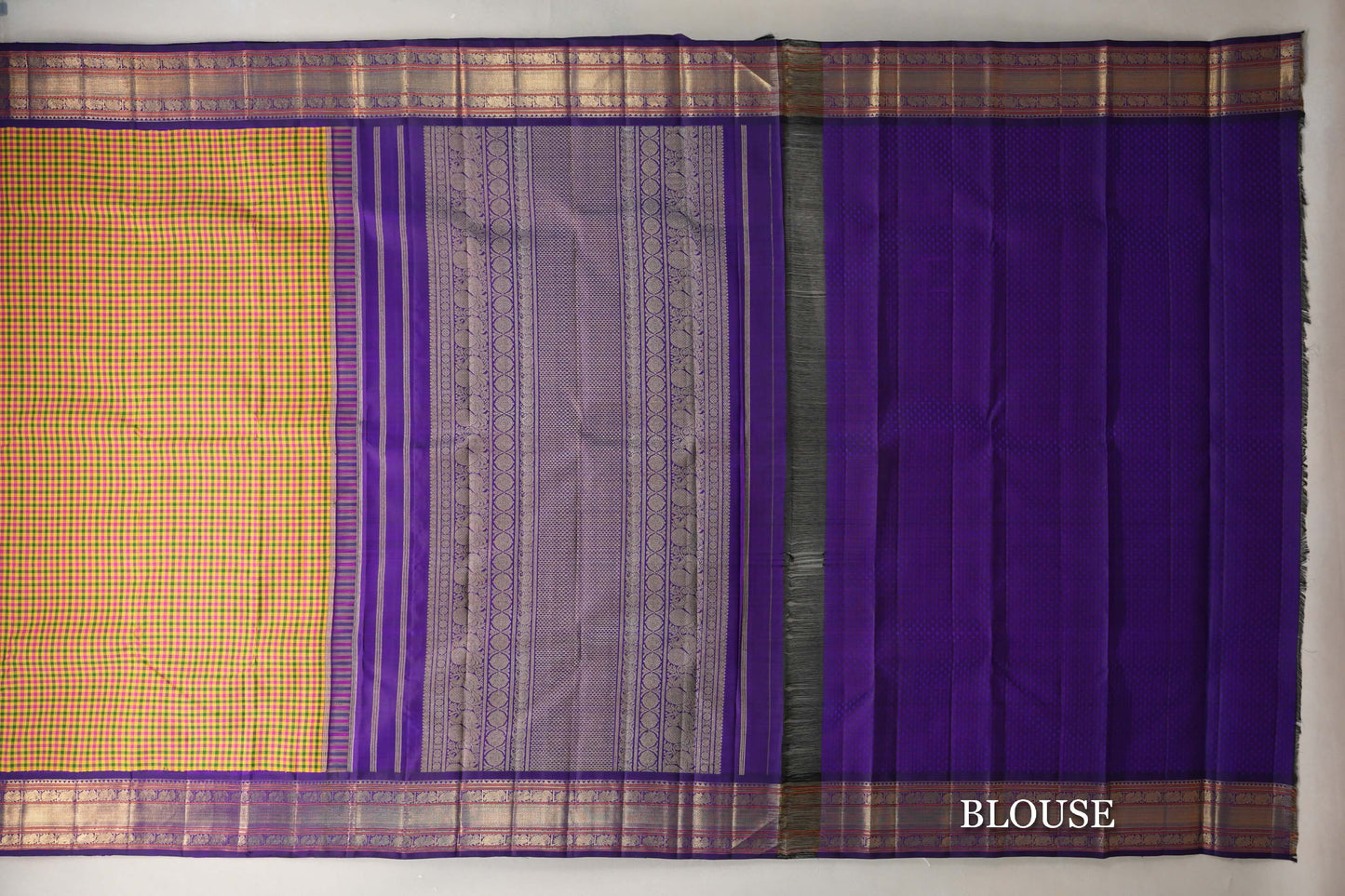 Multicolour Checks Vintage Heirloom Kanjivaram Silk Saree blouse