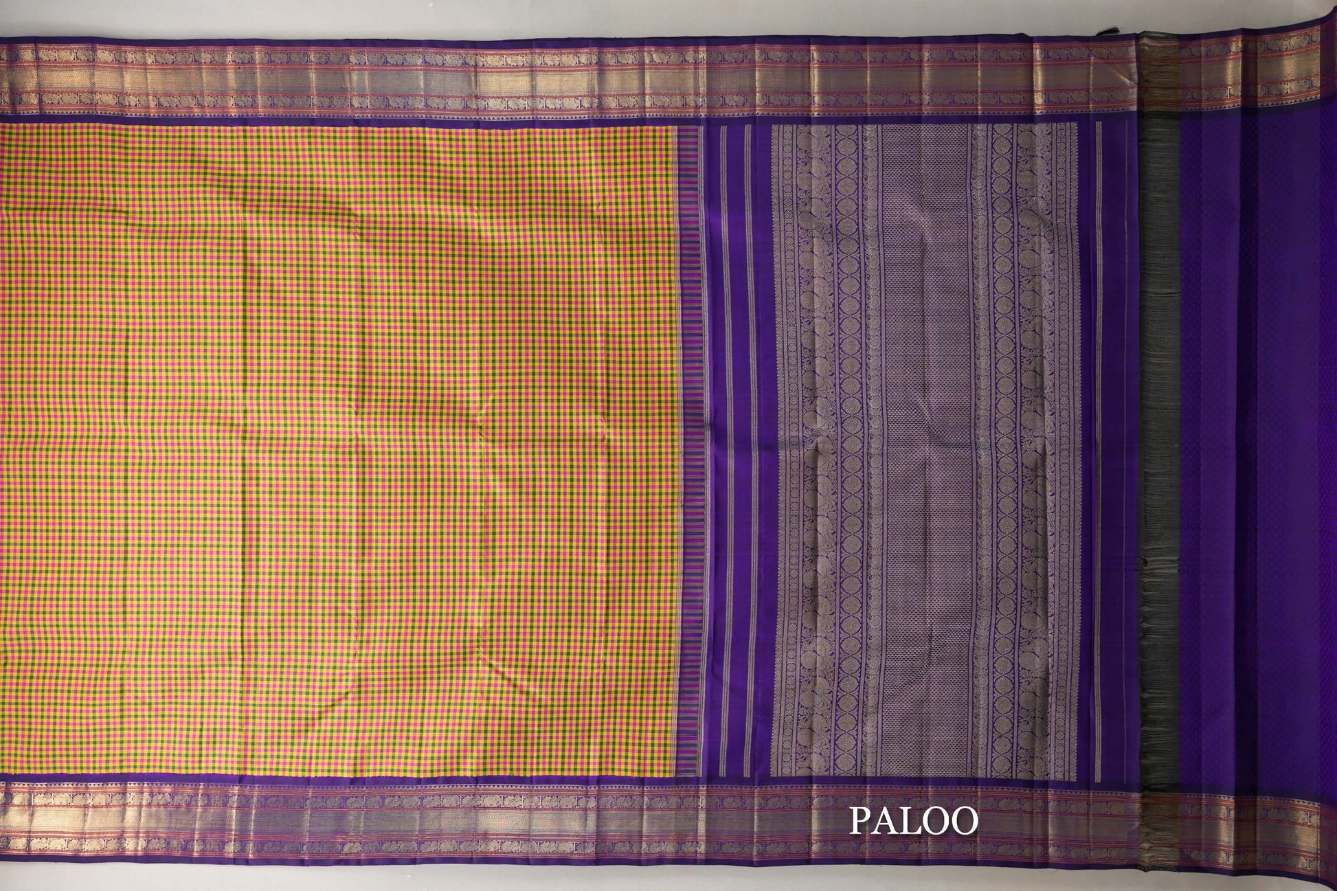 Multicolour Checks Vintage Heirloom Kanjivaram Silk Saree paloo