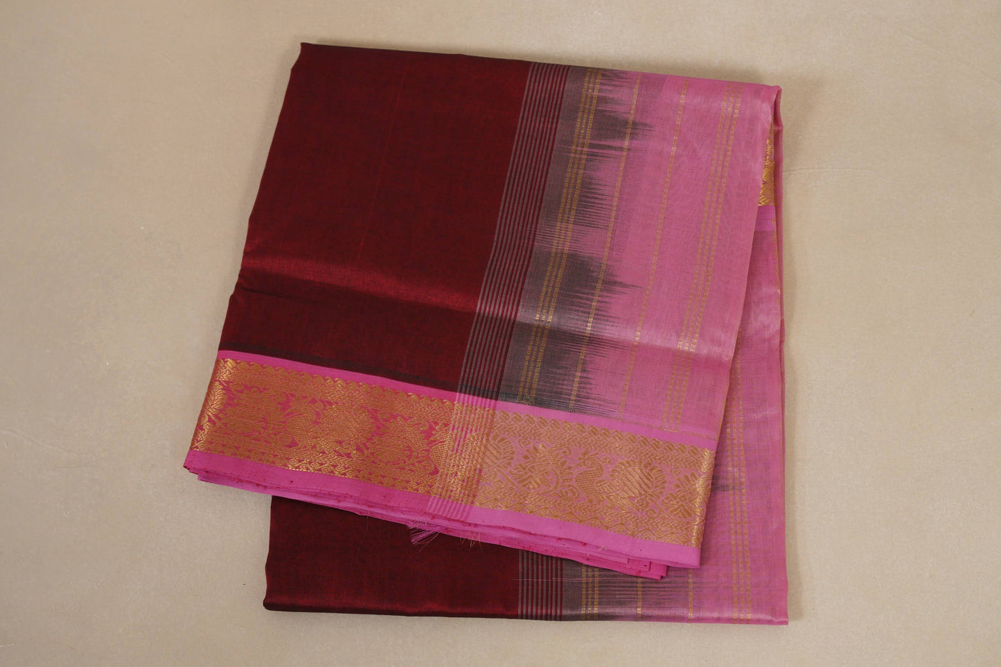 folded Reddish Maroon with Rose Pink Borders Vegan Silk Cotton Saree
