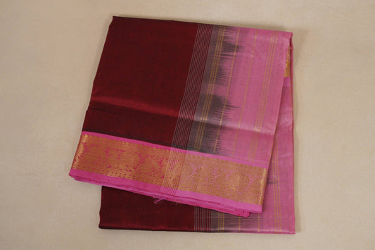 folded Reddish Maroon with Rose Pink Borders Vegan Silk Cotton Saree