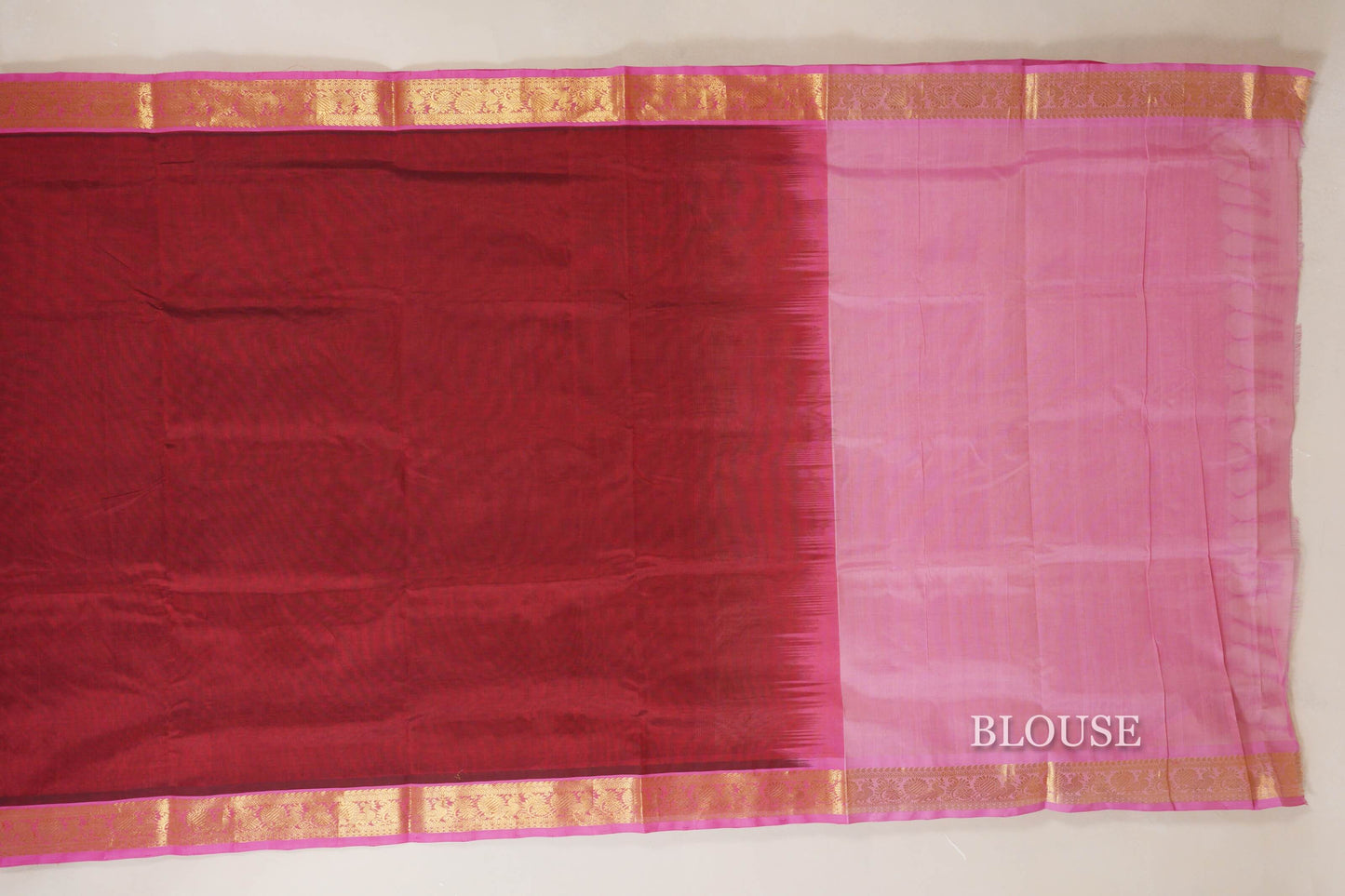 Reddish Maroon with Rose Pink Borders Vegan Silk Cotton Saree blouse