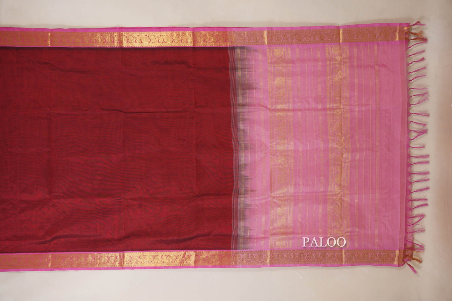 Reddish Maroon with Rose Pink Borders Vegan Silk Cotton Saree paloo