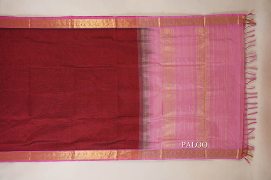 Reddish Maroon with Rose Pink Borders Vegan Silk Cotton Saree paloo