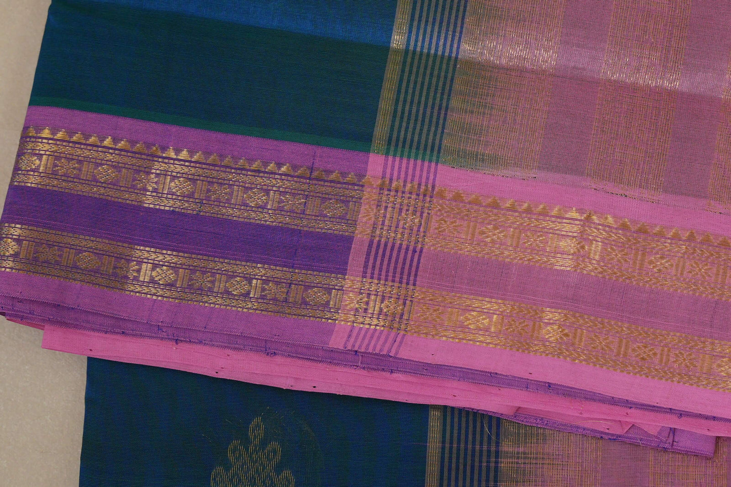  Peacock Blue Vegan Silk Cotton Saree border zoom