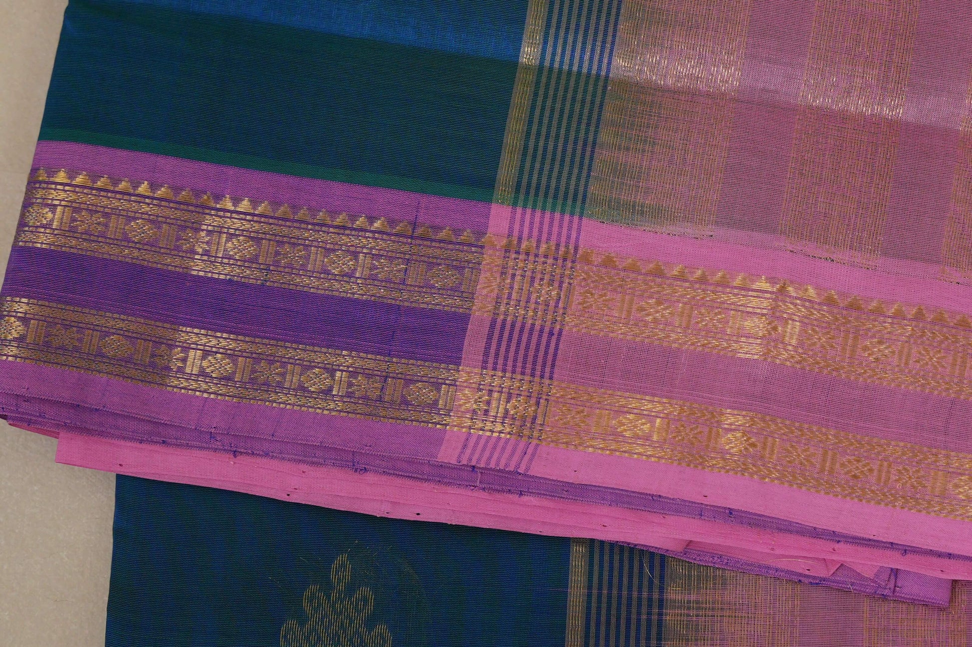  Peacock Blue Vegan Silk Cotton Saree border zoom
