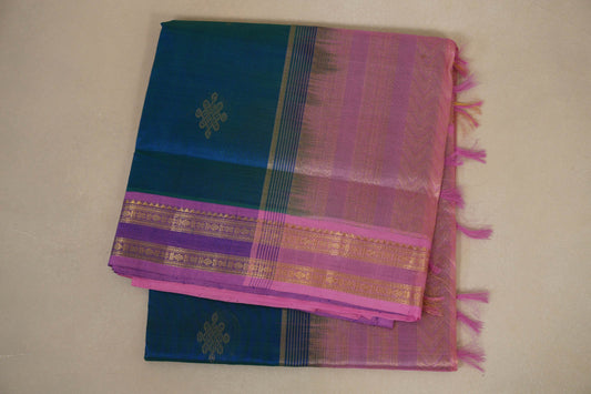  Peacock Blue Vegan Silk Cotton Saree folded