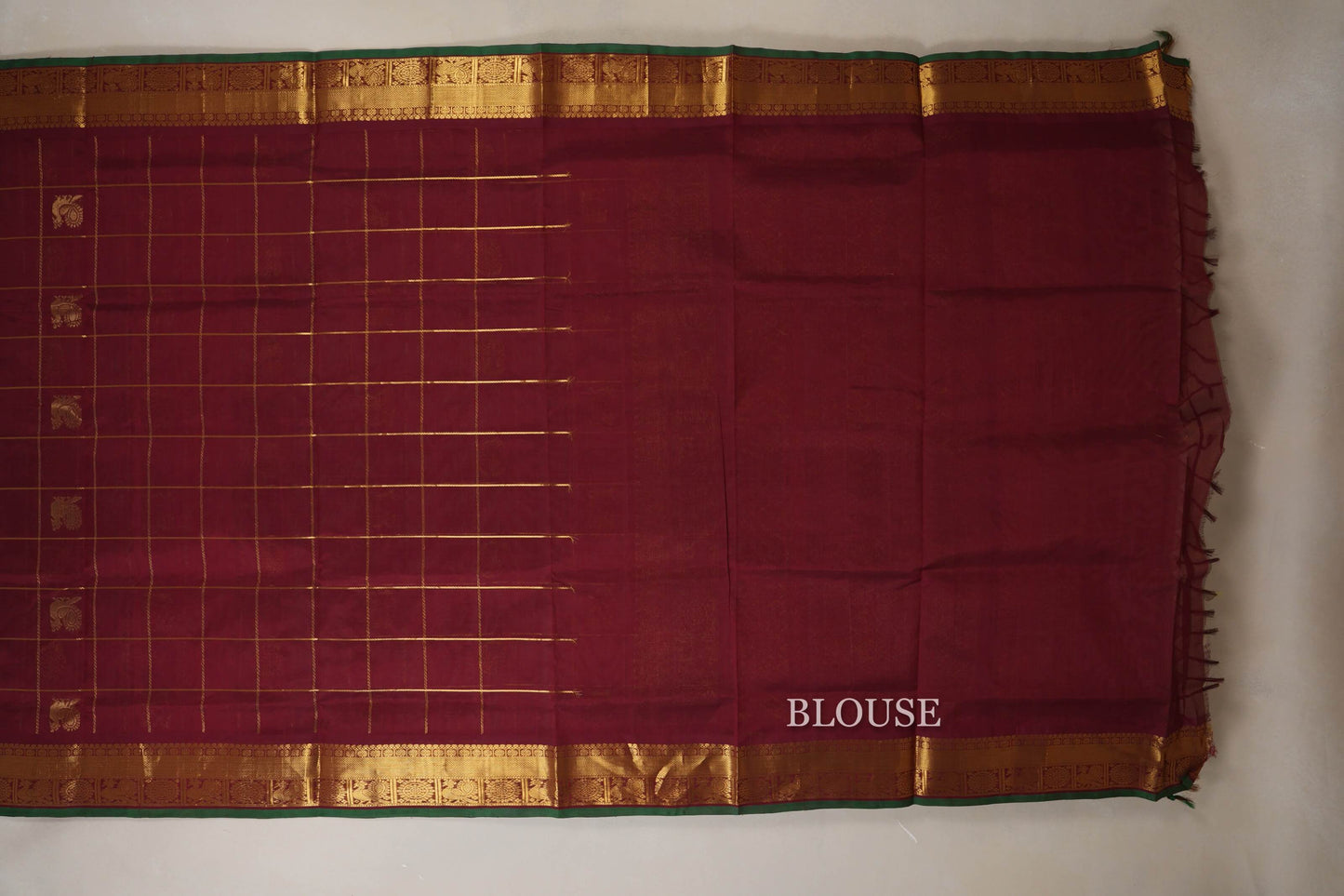 Reddish Maroon with Reddish Maroon Borders and Green Selvedge Vegan Silk Cotton Saree  blouse