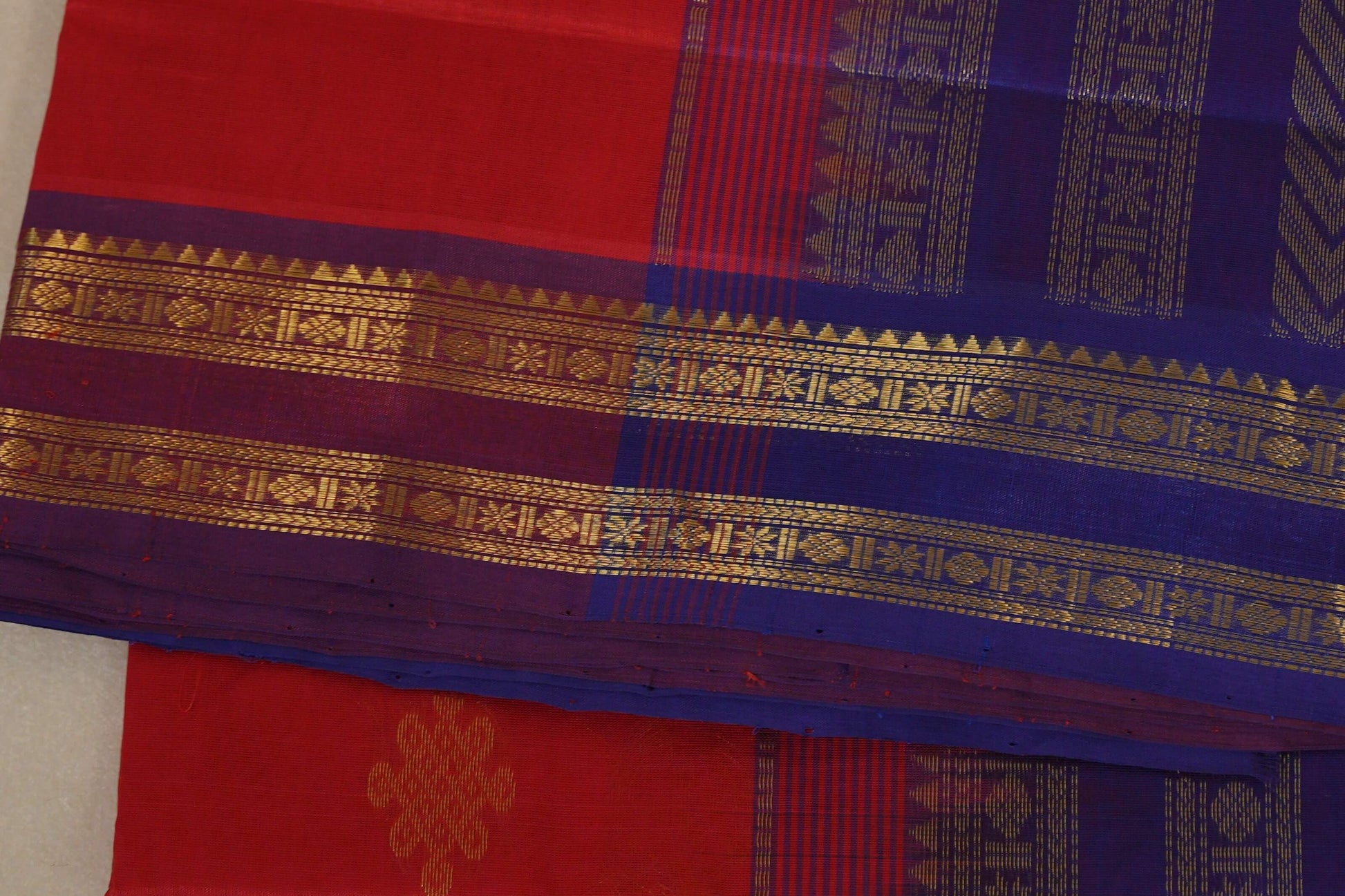 Bright Red Vegan Silk Cotton Saree border zoom