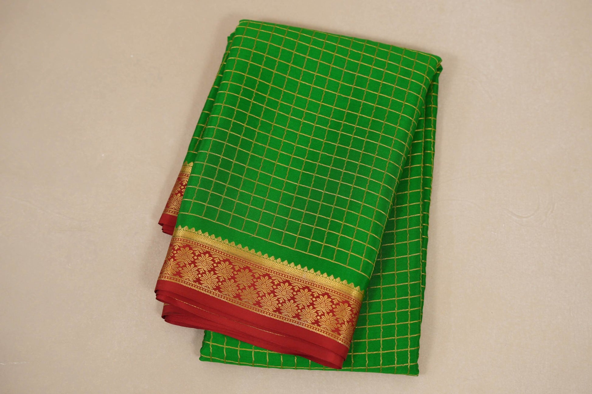 folded Parrot Green with Red Borders Mysore Silk Saree 