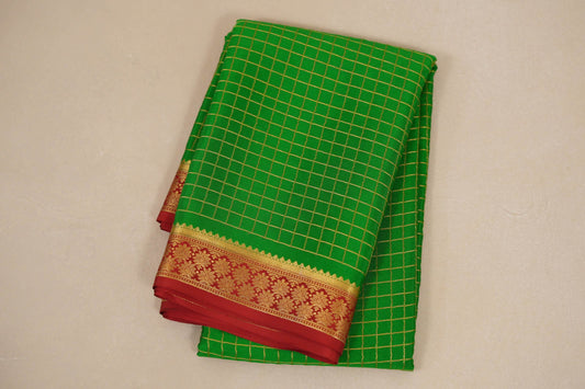 folded Parrot Green with Red Borders Mysore Silk Saree 