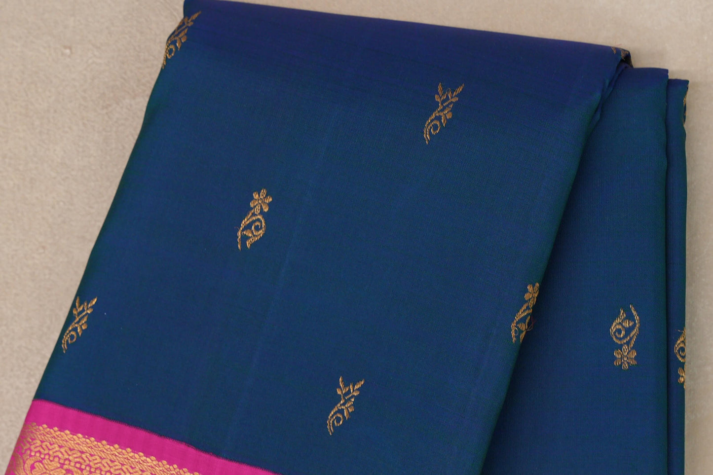 Peacock blue with bright magenta Vintage Kanjivaram Silk Saree by Shreenivas Silks body