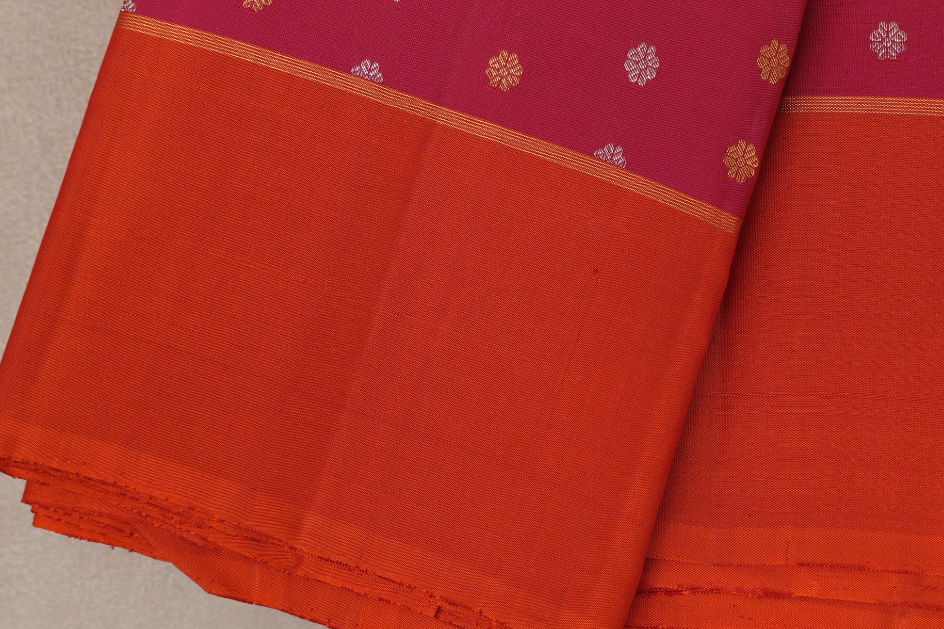 Rani pink with Bright Orange Vintage Kanjivaram Silk Saree by Shreenivas Silks border