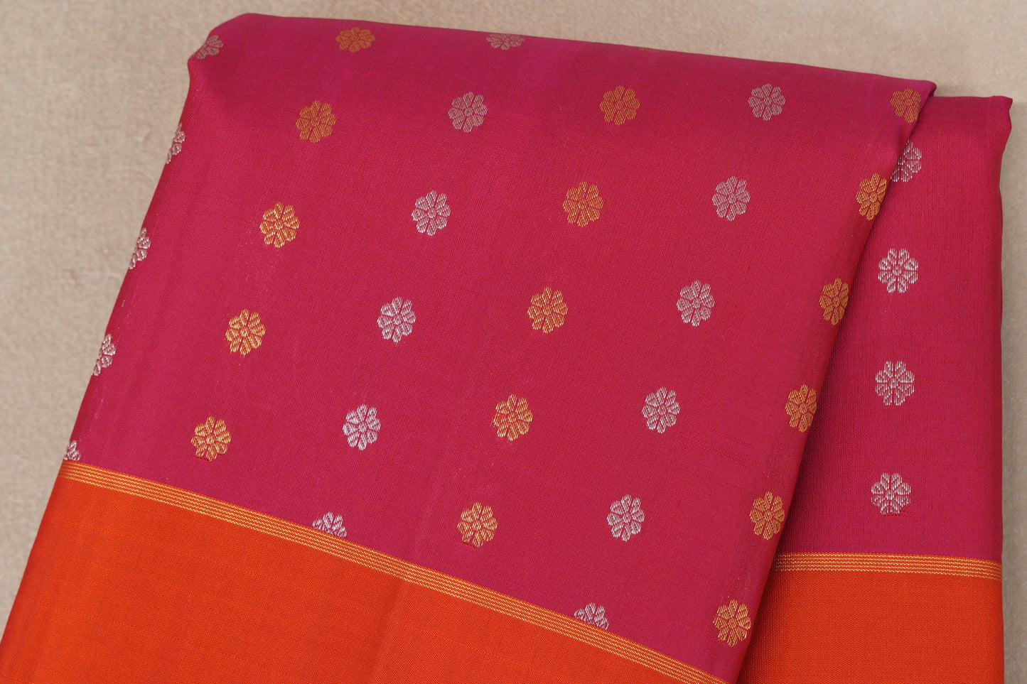 Rani pink with Bright Orange Vintage Kanjivaram Silk Saree by Shreenivas Silks body