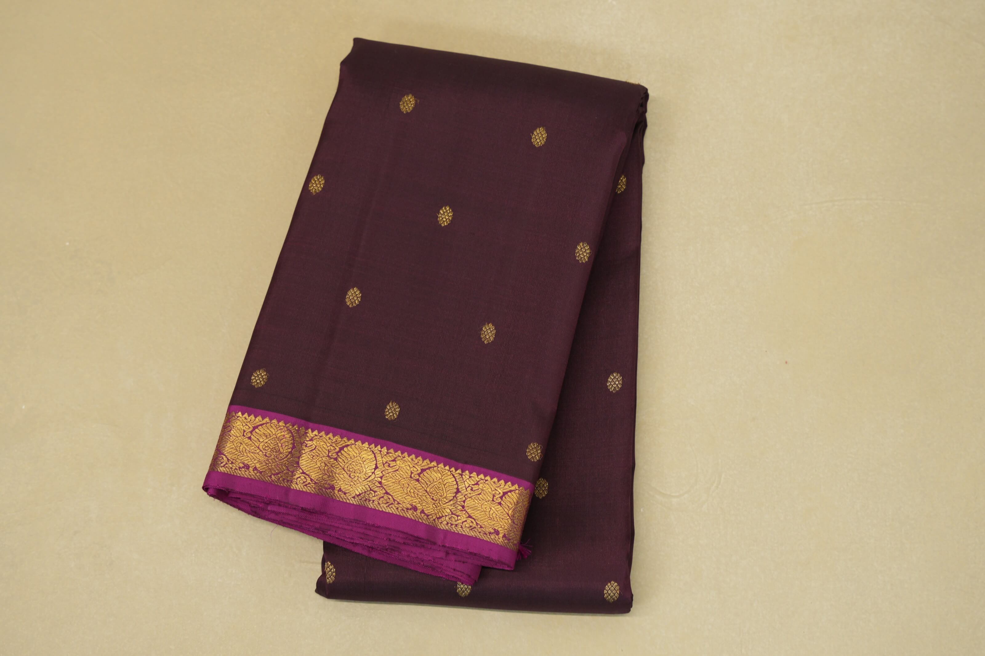 folded Deep Wine with Magenta Borders Heirloom Kanjivaram silk saree