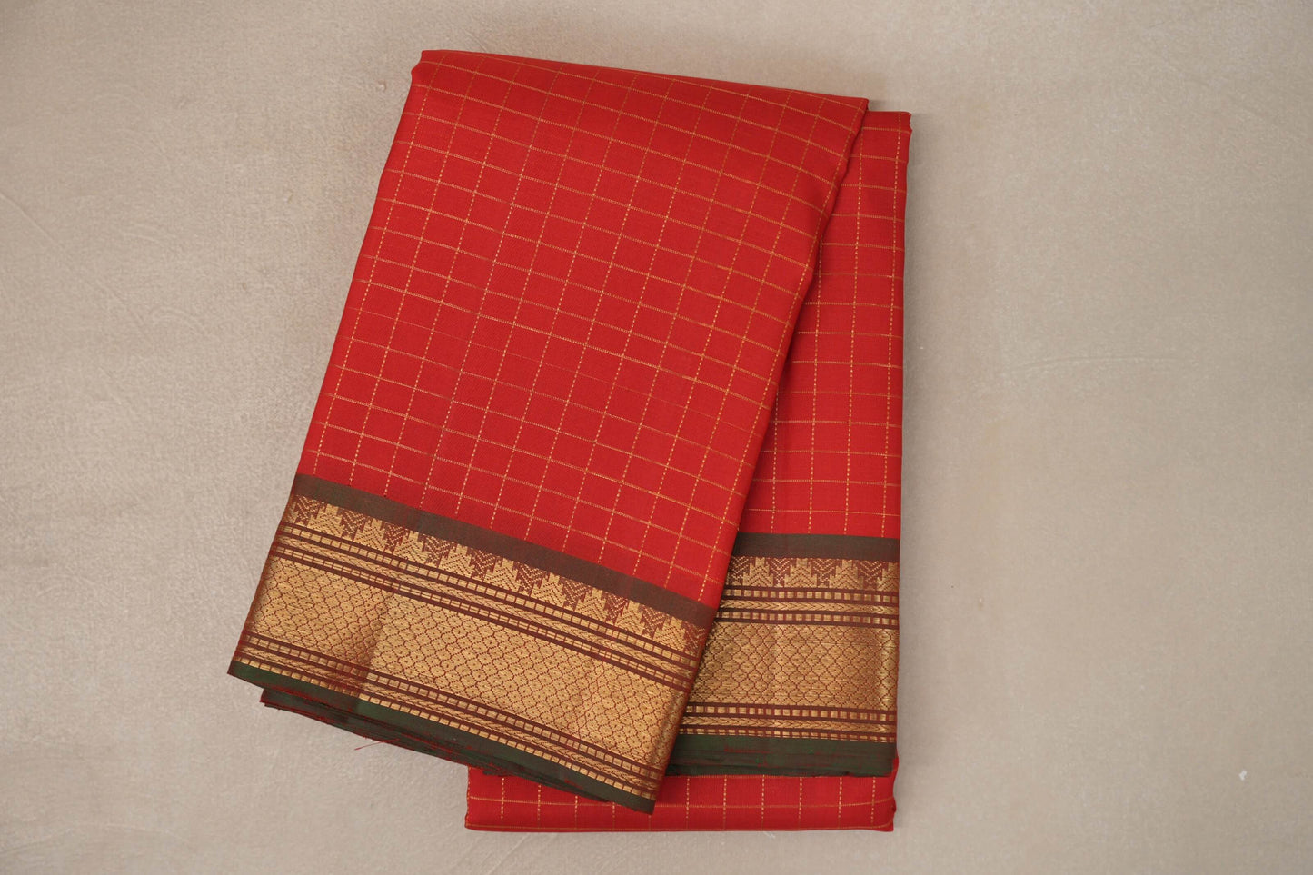 Tomato Red with Dual Tone of Green & Red Borders Vintage Kanjivaram Silk Saree