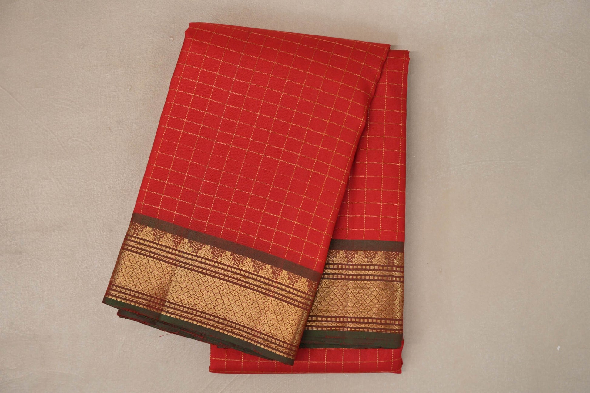 Tomato Red with Dual Tone of Green & Red Borders Vintage Kanjivaram Silk Saree