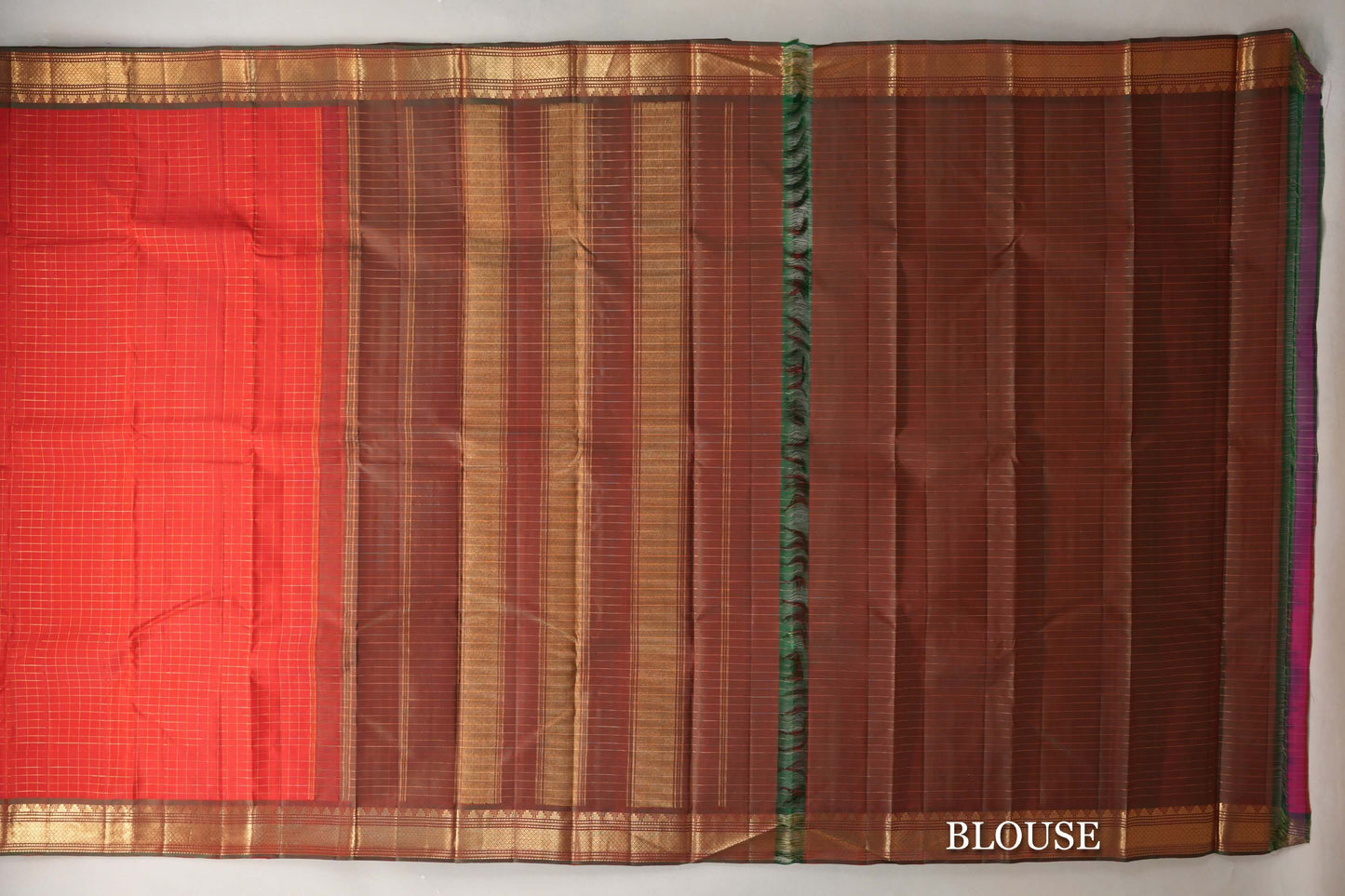 Tomato Red with Dual Tone of Green & Red Borders Vintage Kanjivaram Silk Saree blouse