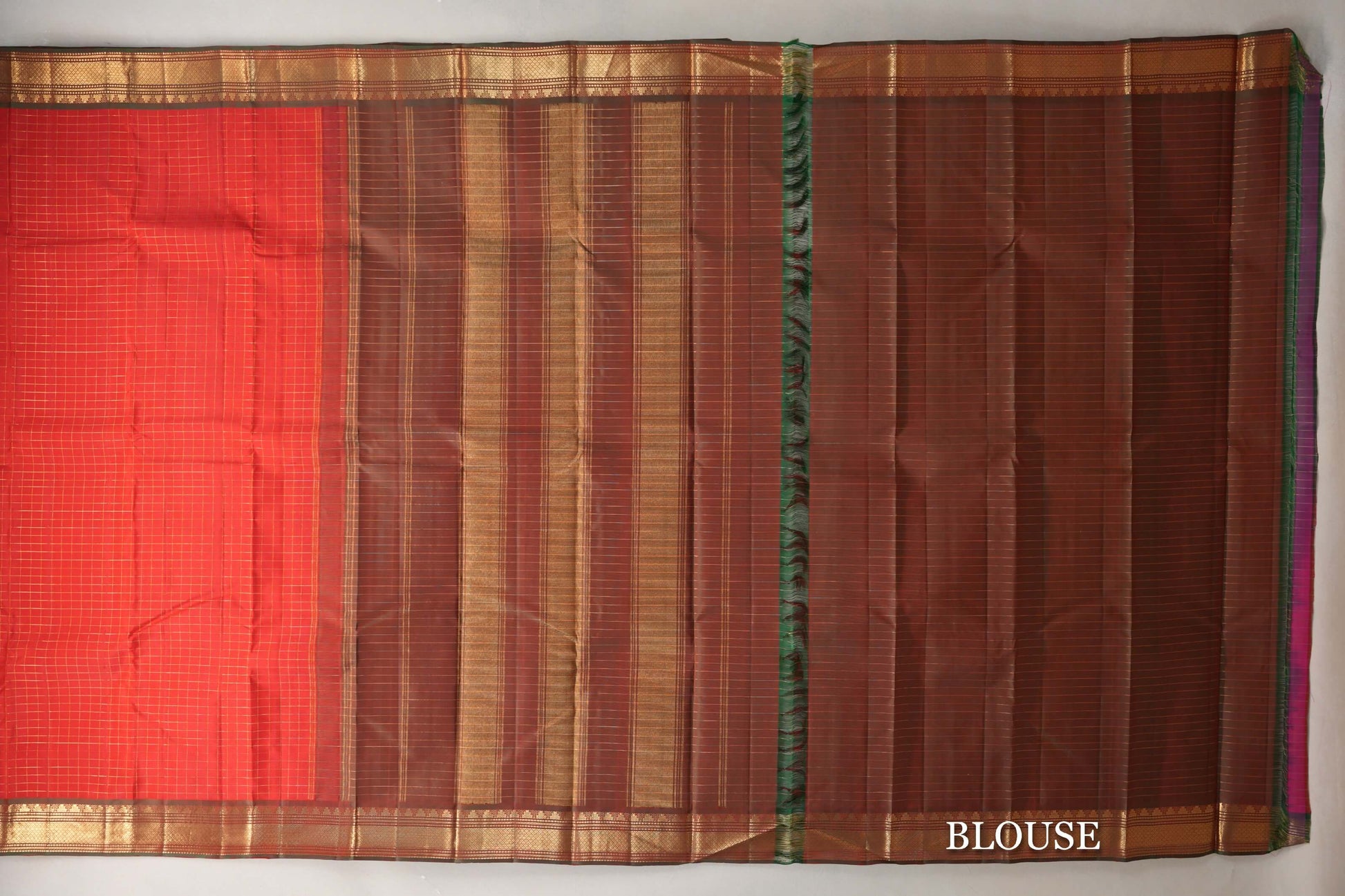 Tomato Red with Dual Tone of Green & Red Borders Vintage Kanjivaram Silk Saree blouse