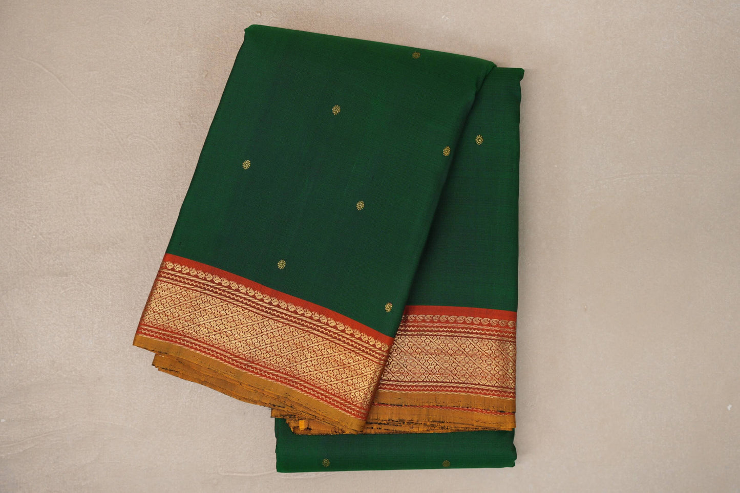 Deep Bottle Green with Rust Orange with Olive Green Selvedge Borders Vintage Kanjivaram Silk Saree