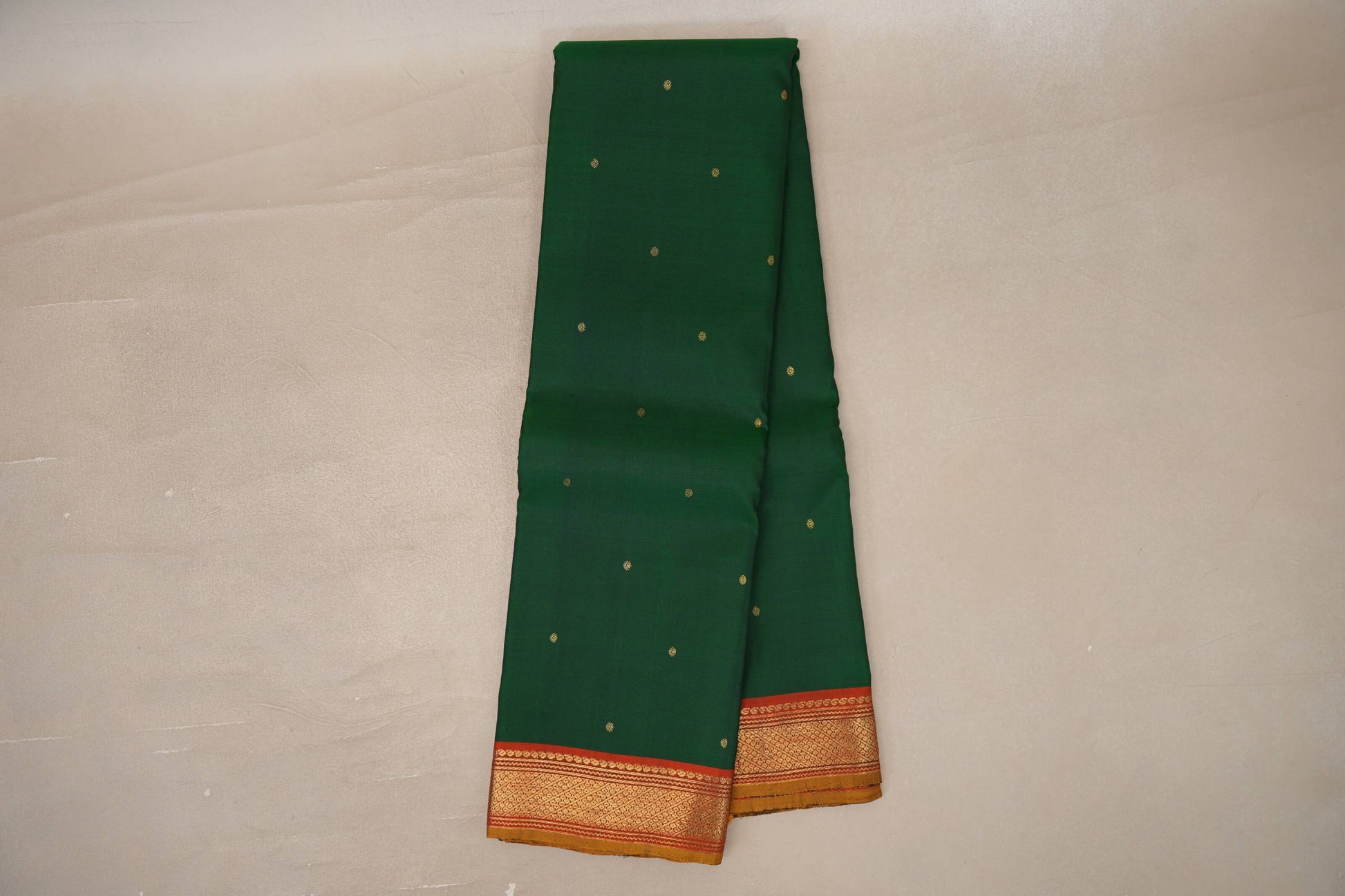Online Deep Bottle Green with Rust Orange with Olive Green Selvedge Borders Vintage Kanjivaram Silk Saree
