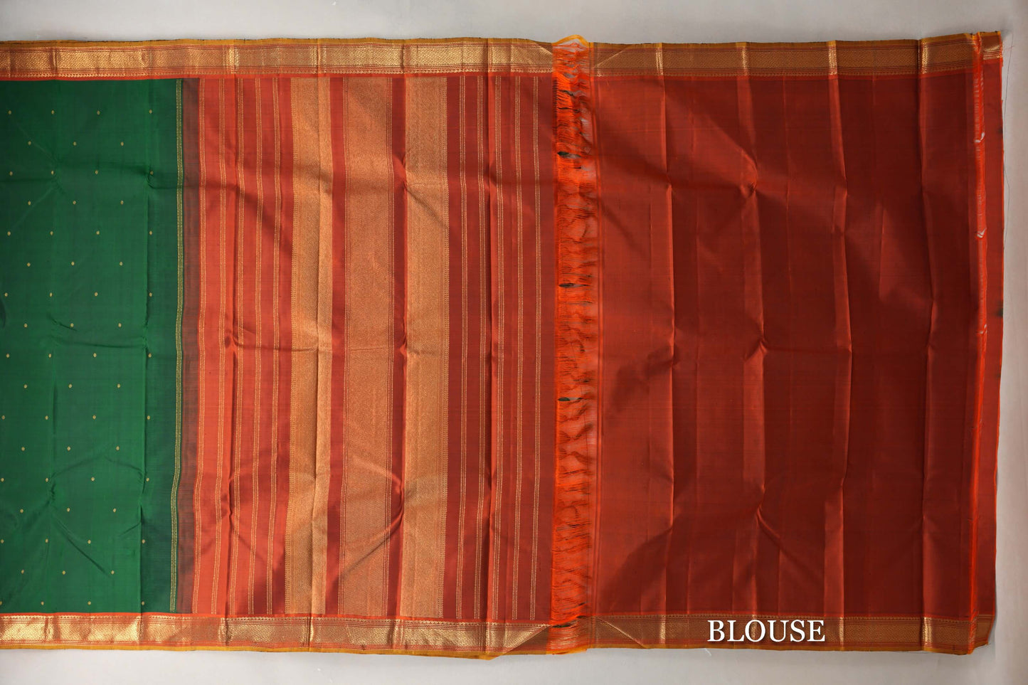 Deep Bottle Green with Rust Orange with Olive Green Selvedge Borders Vintage Kanjivaram Silk Saree blouse