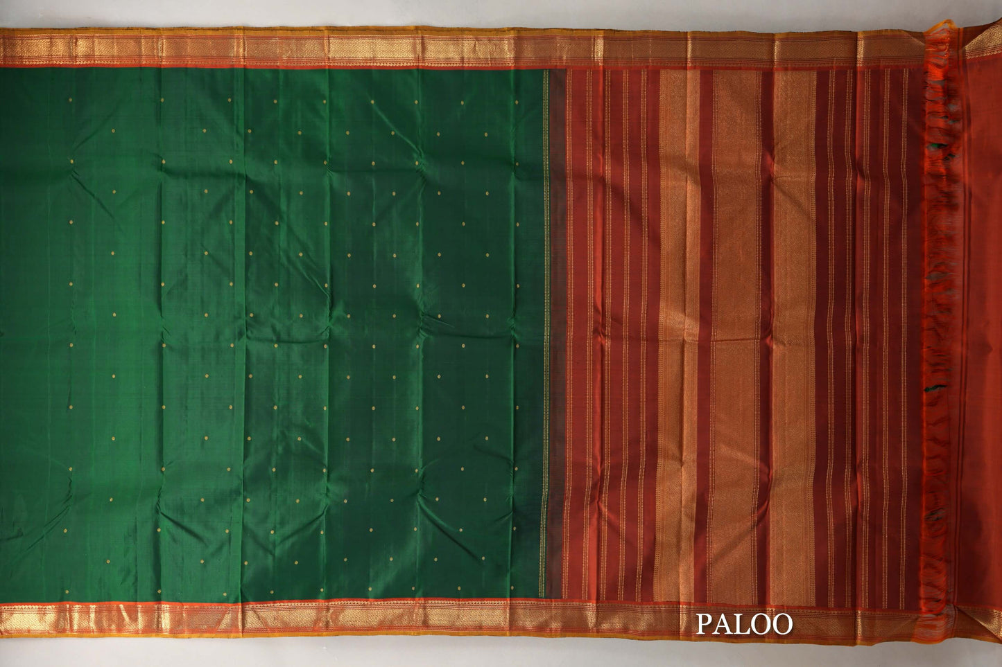 Deep Bottle Green with Rust Orange with Olive Green Selvedge Borders Vintage Kanjivaram Silk Saree paloo