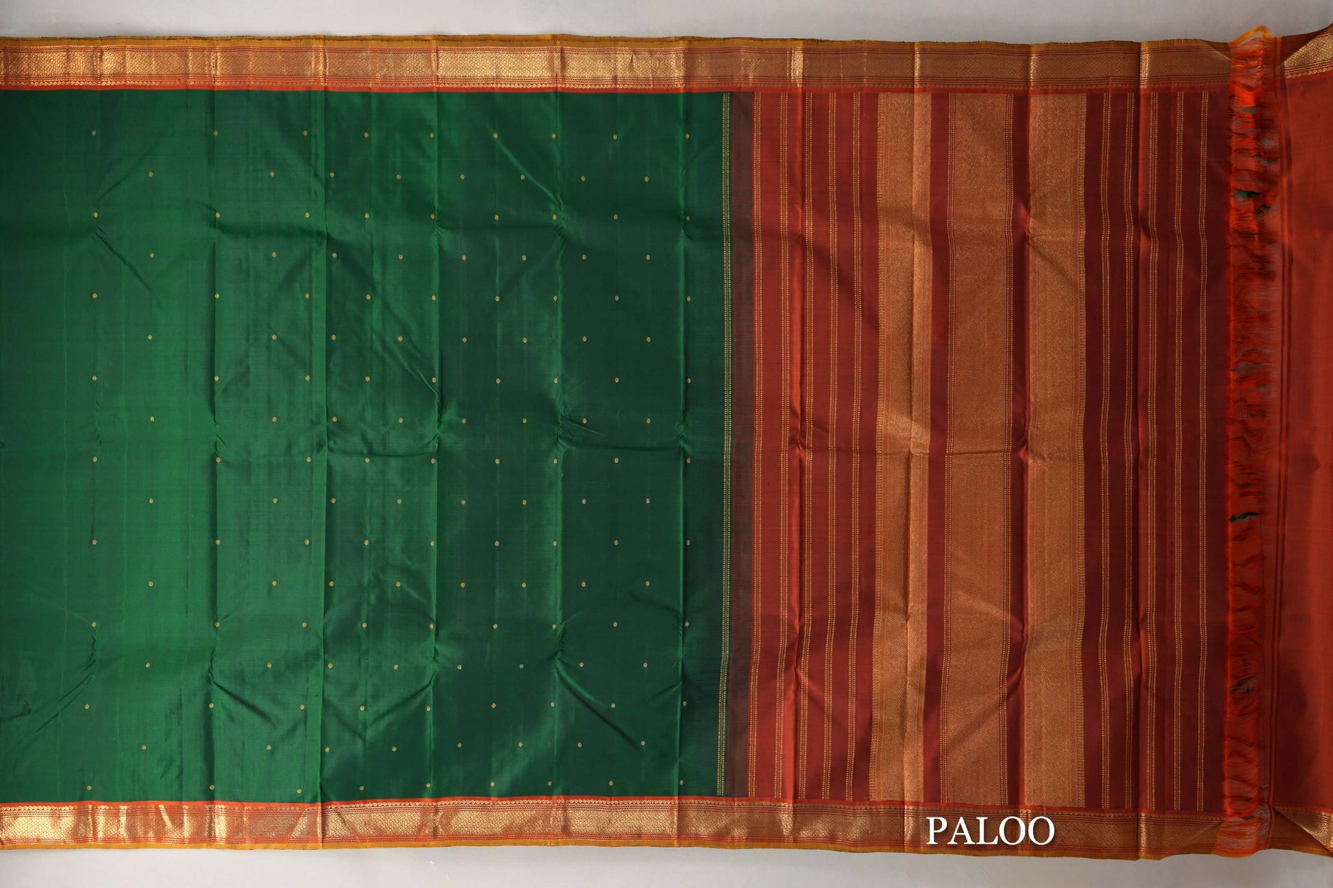Deep Bottle Green with Rust Orange with Olive Green Selvedge Borders Vintage Kanjivaram Silk Saree paloo