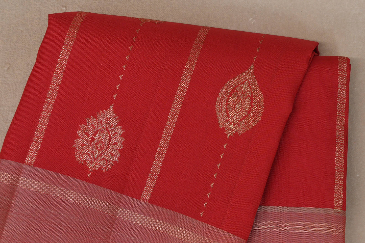 Tomato Red with Dual Tone of Red & Pastel Sage Green Borders Vintage Kanjivaram Silk Saree body