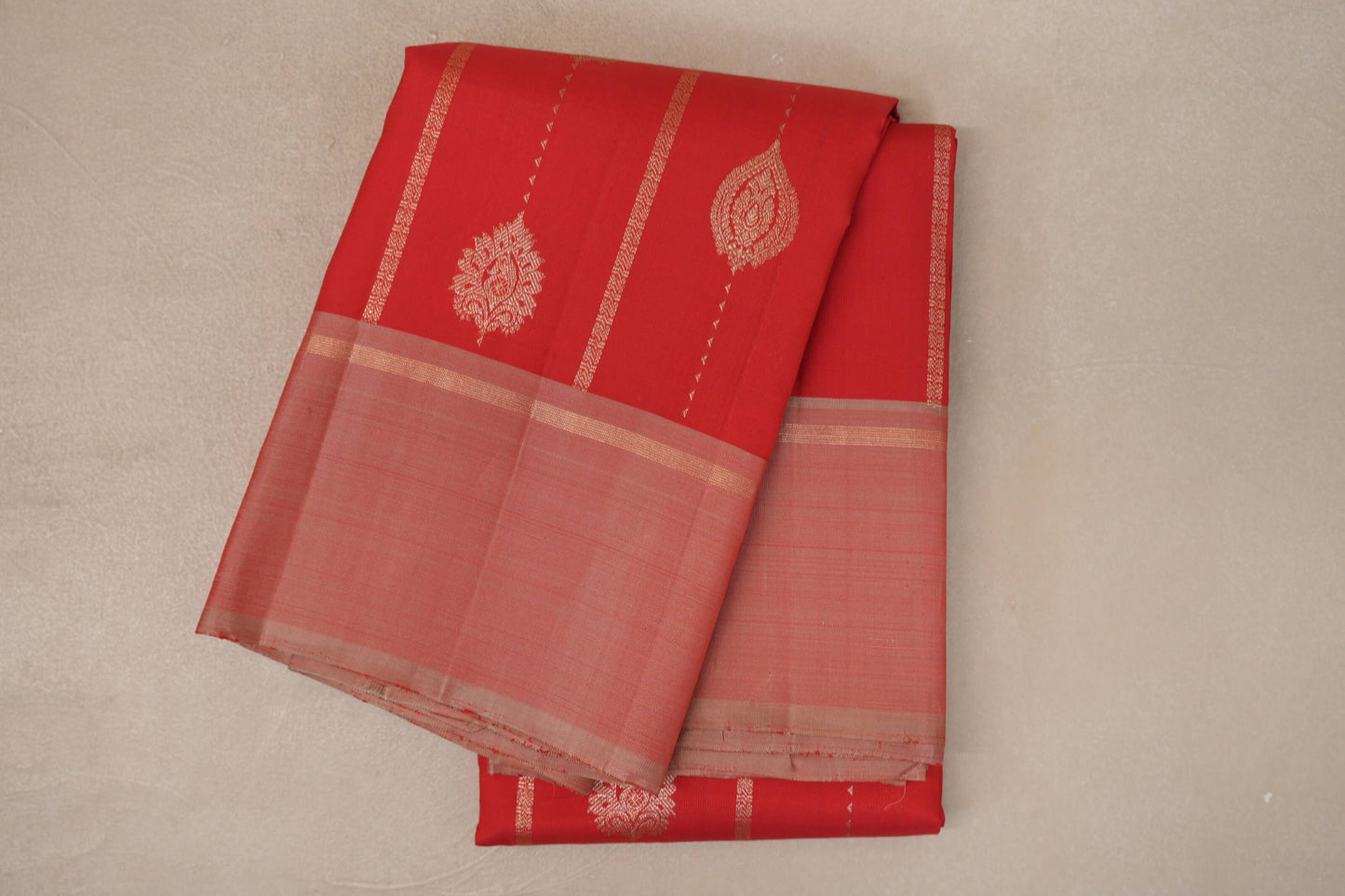 Tomato Red with Dual Tone of Red & Pastel Sage Green Borders Vintage Kanjivaram Silk Saree