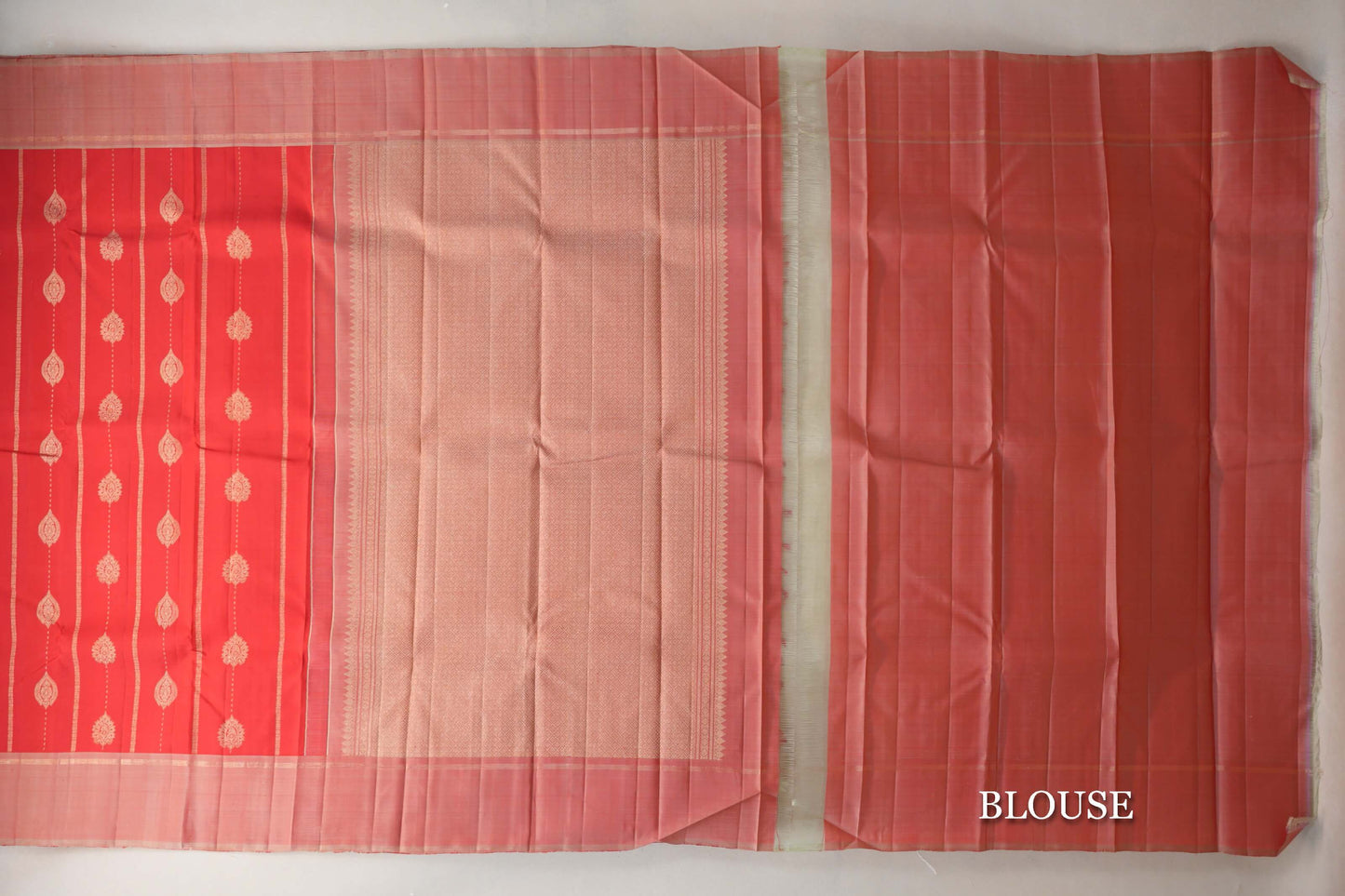 Tomato Red with Dual Tone of Red & Pastel Sage Green Borders Vintage Kanjivaram Silk Saree blouse