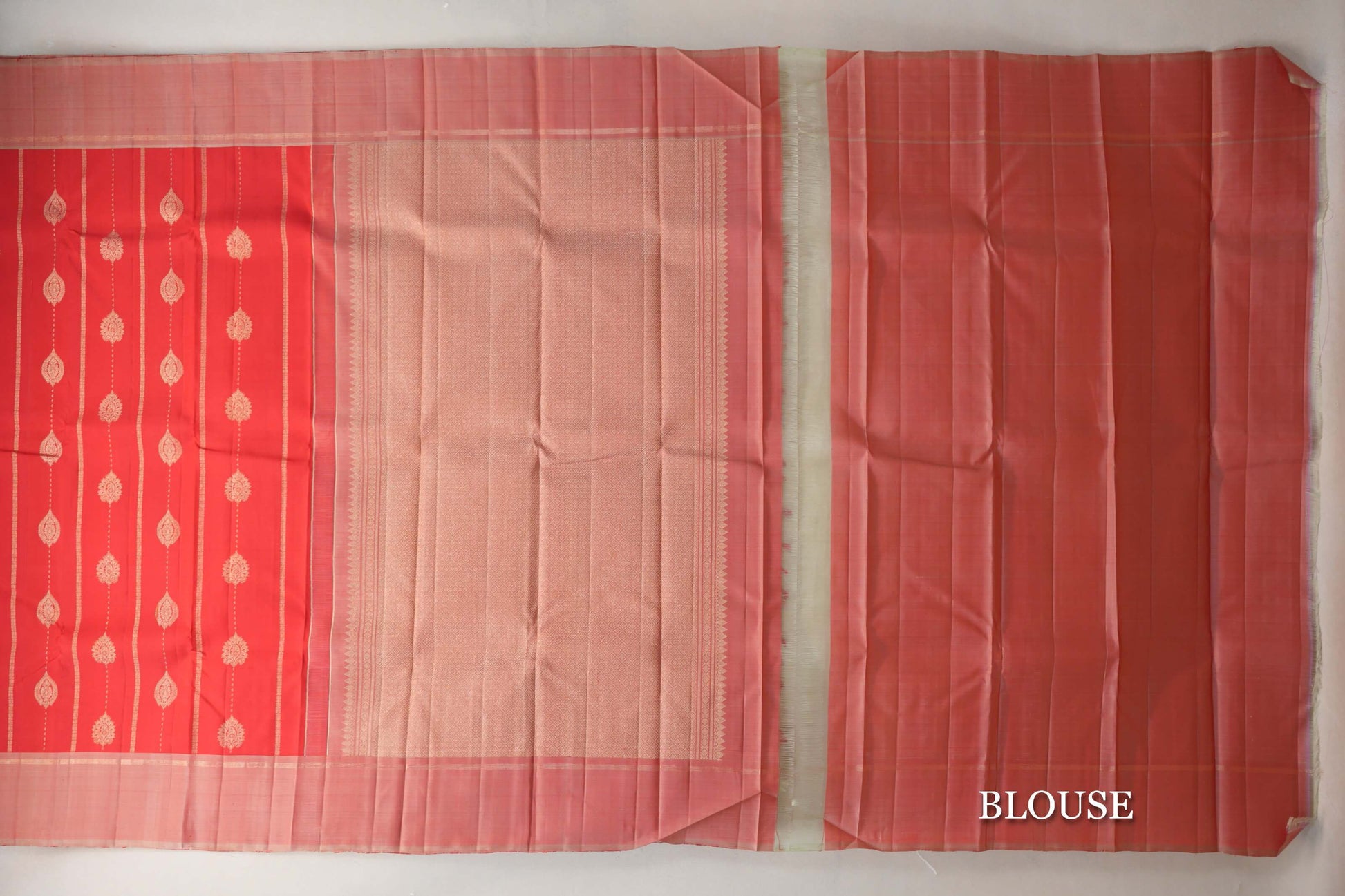 Tomato Red with Dual Tone of Red & Pastel Sage Green Borders Vintage Kanjivaram Silk Saree blouse