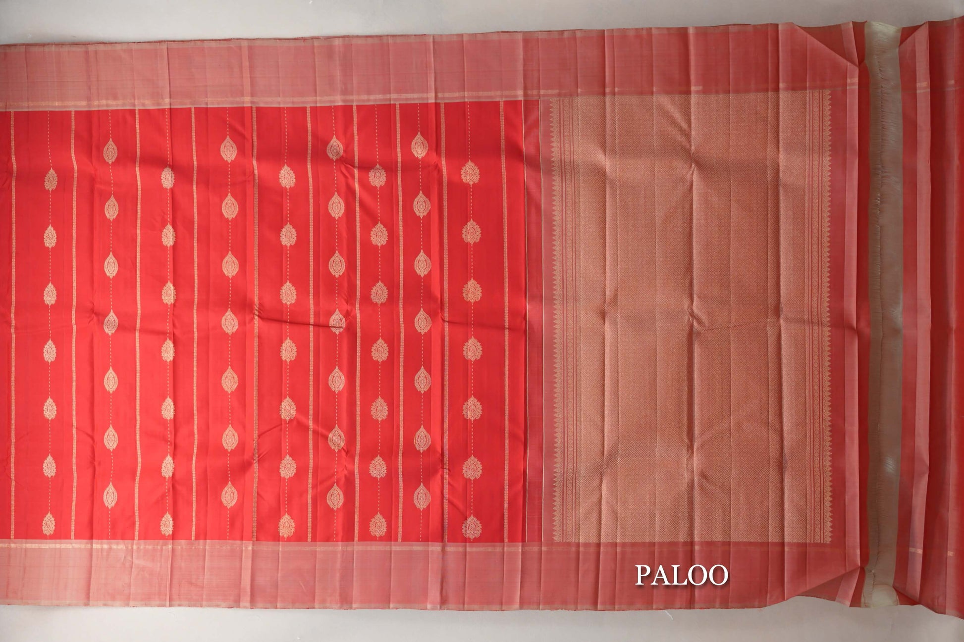 Tomato Red with Dual Tone of Red & Pastel Sage Green Borders Vintage Kanjivaram Silk Saree paloo