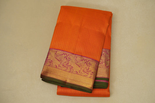 folded Bright Orange with Rani Pink Borders Heirloom Kanjivaram Silk Saree
