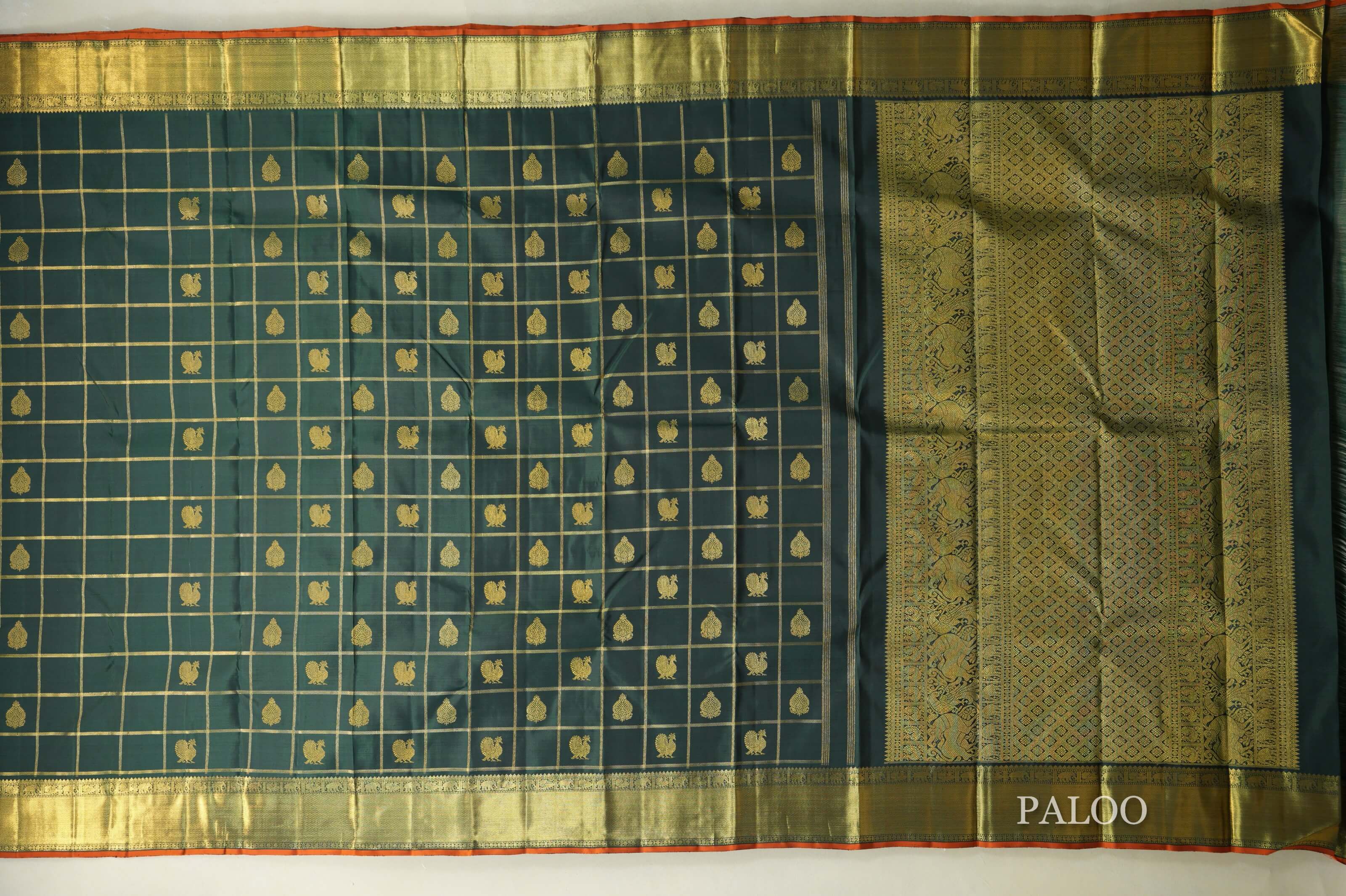 Deep Bottle Green Heirloom Kanjivaram Silk Saree paloo