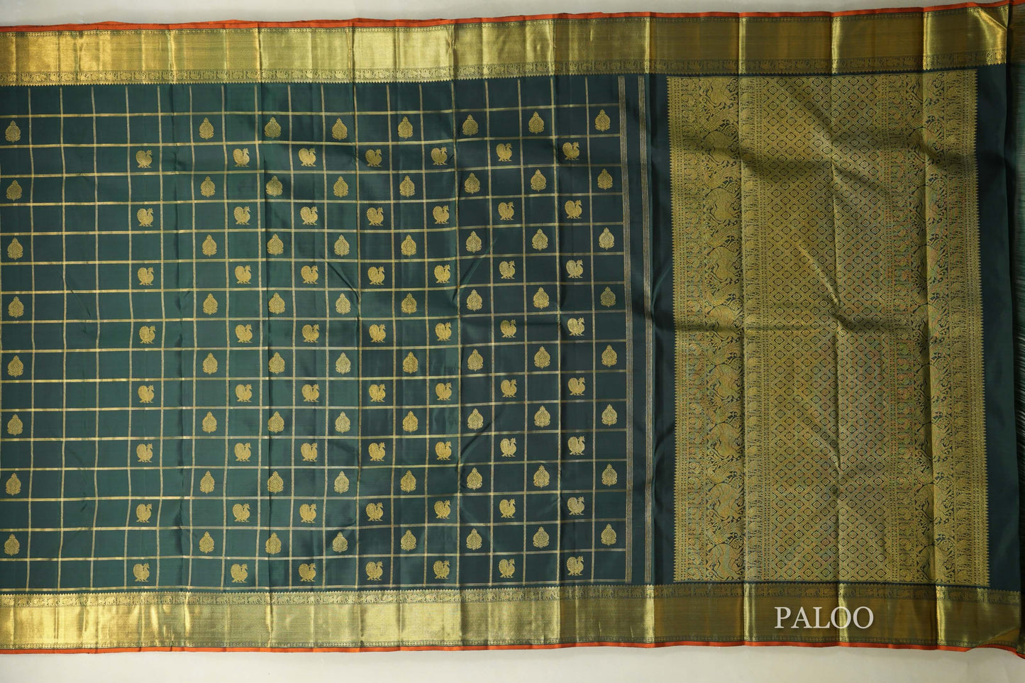 Deep Bottle Green Heirloom Kanjivaram Silk Saree paloo