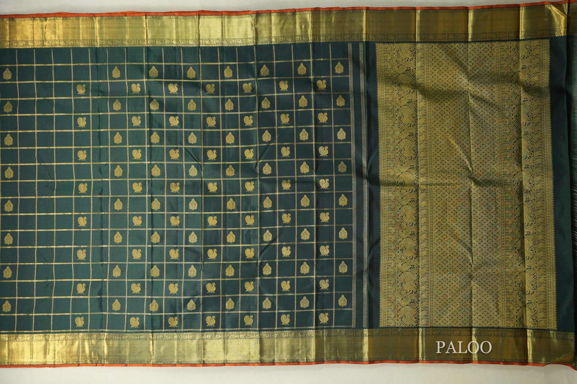 Deep Bottle Green Heirloom Kanjivaram Silk Saree paloo