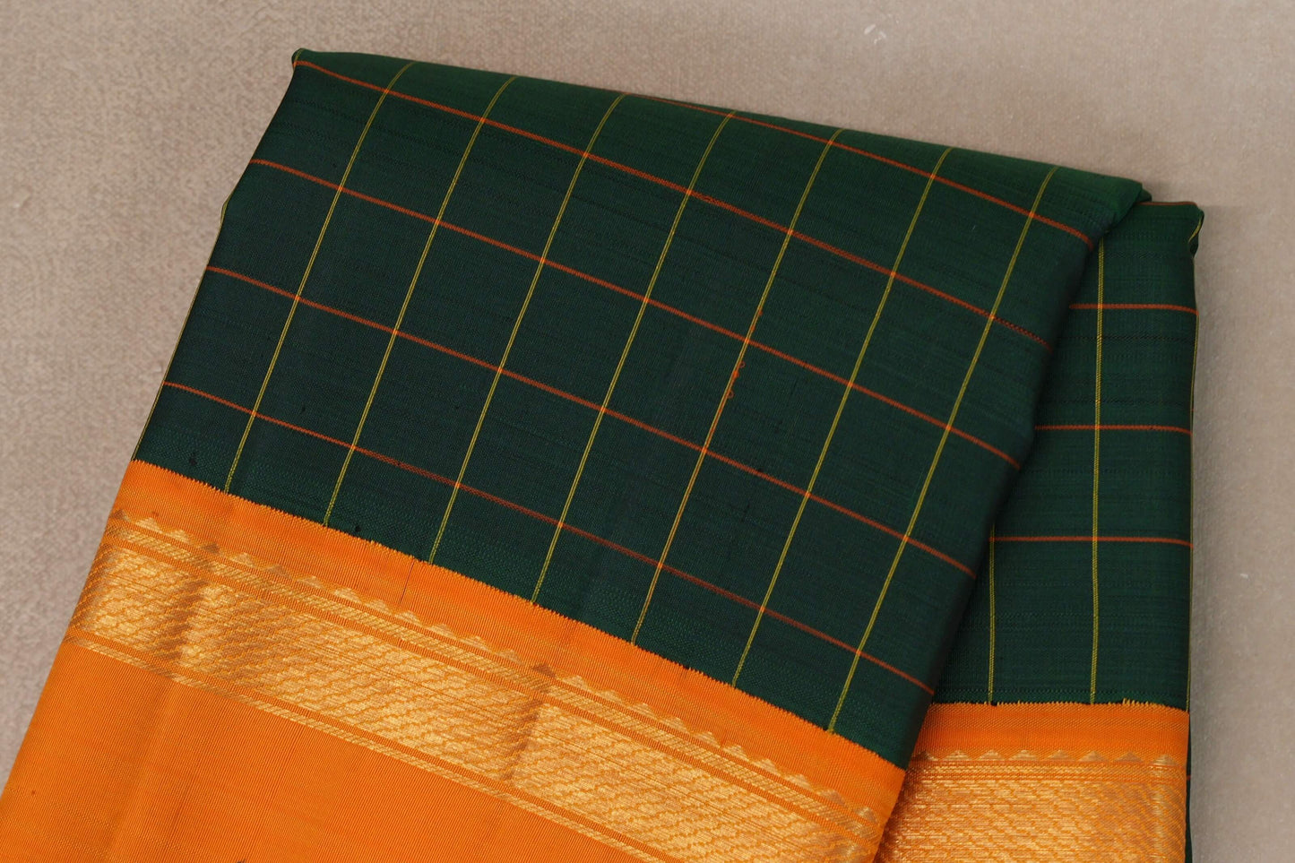 Deep Bottle Green with Mango Orange Rettai Pettu Borders Vintage Kanjivaram Silk Saree body