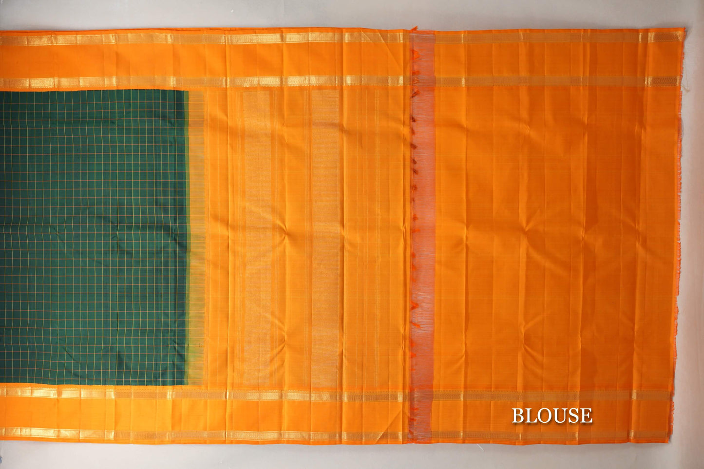 Deep Bottle Green with Mango Orange Rettai Pettu Borders Vintage Kanjivaram Silk Saree blouse