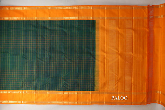 Deep Bottle Green with Mango Orange Rettai Pettu Borders Vintage Kanjivaram Silk Saree paloo