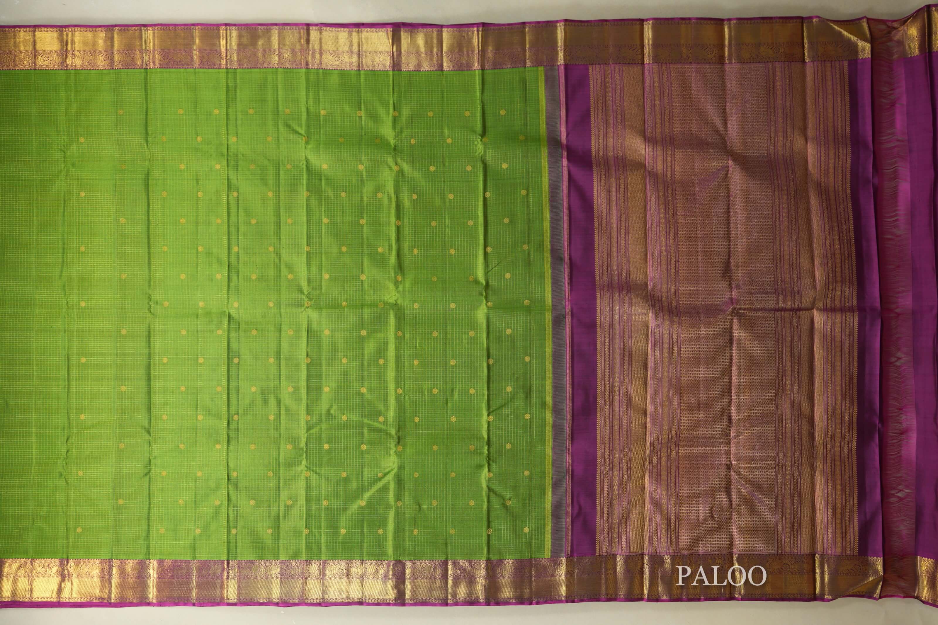 Parrot Green zari checks Heirloom Kanjivaram Silk Saree paloo