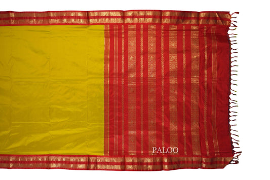 Lemon yellow ten yards silk saree paloo