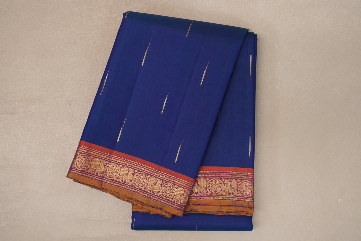 Peacock Blue with Orange & Mustard Yellow Selvedge Borders Vintage Kanjivaram Silk Saree
